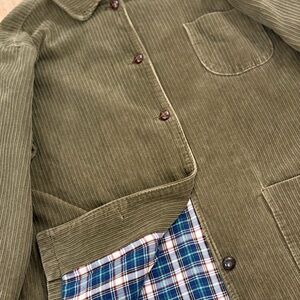 Olive Green VINTAGE Corduroy Jacket with Plaid flannel Interior Lining